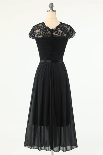 Classic A Line Black Party Dress with Lace